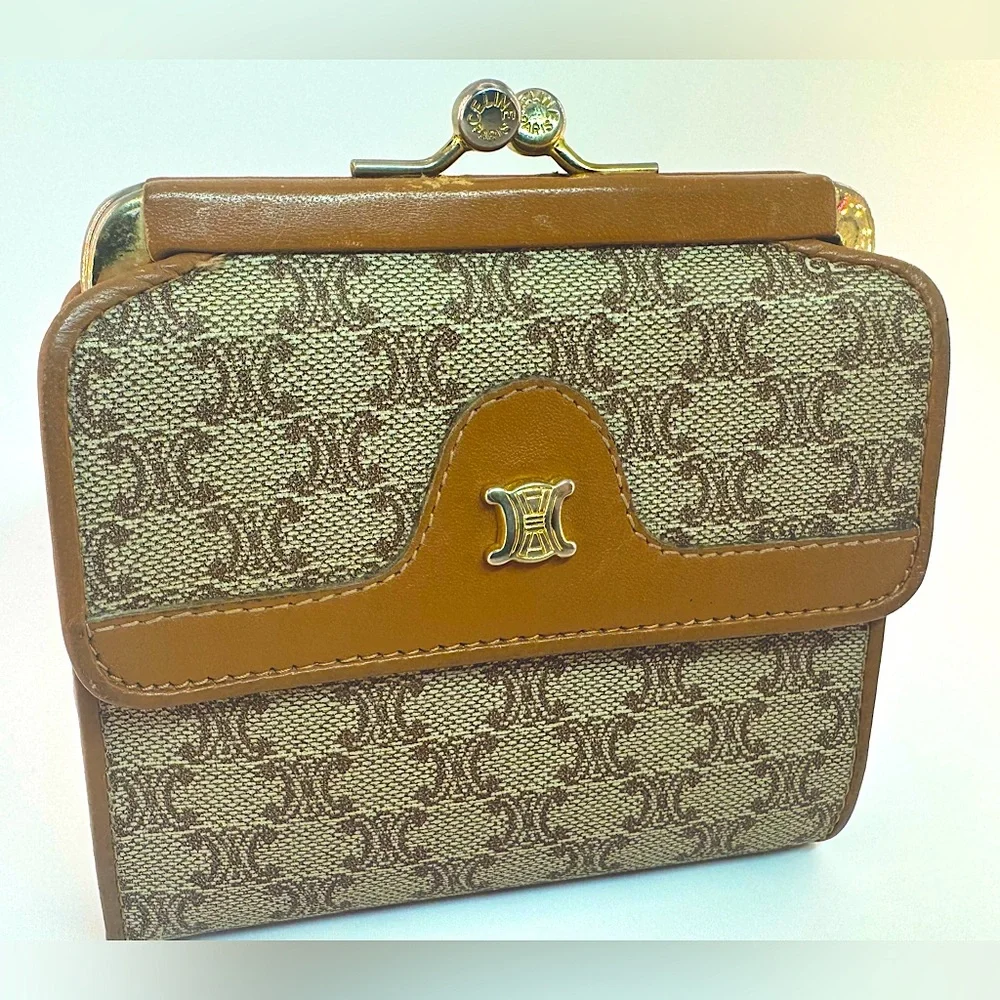 Celine French Kisslock Wallet Brown Macadam Canvas Celine Triomphe Authentic - Picture 1 of 13